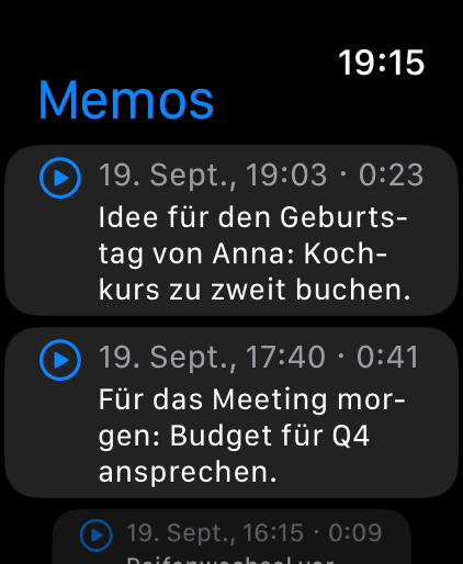 Braindrop auf der Apple Watch: Liste der Memos mit Text